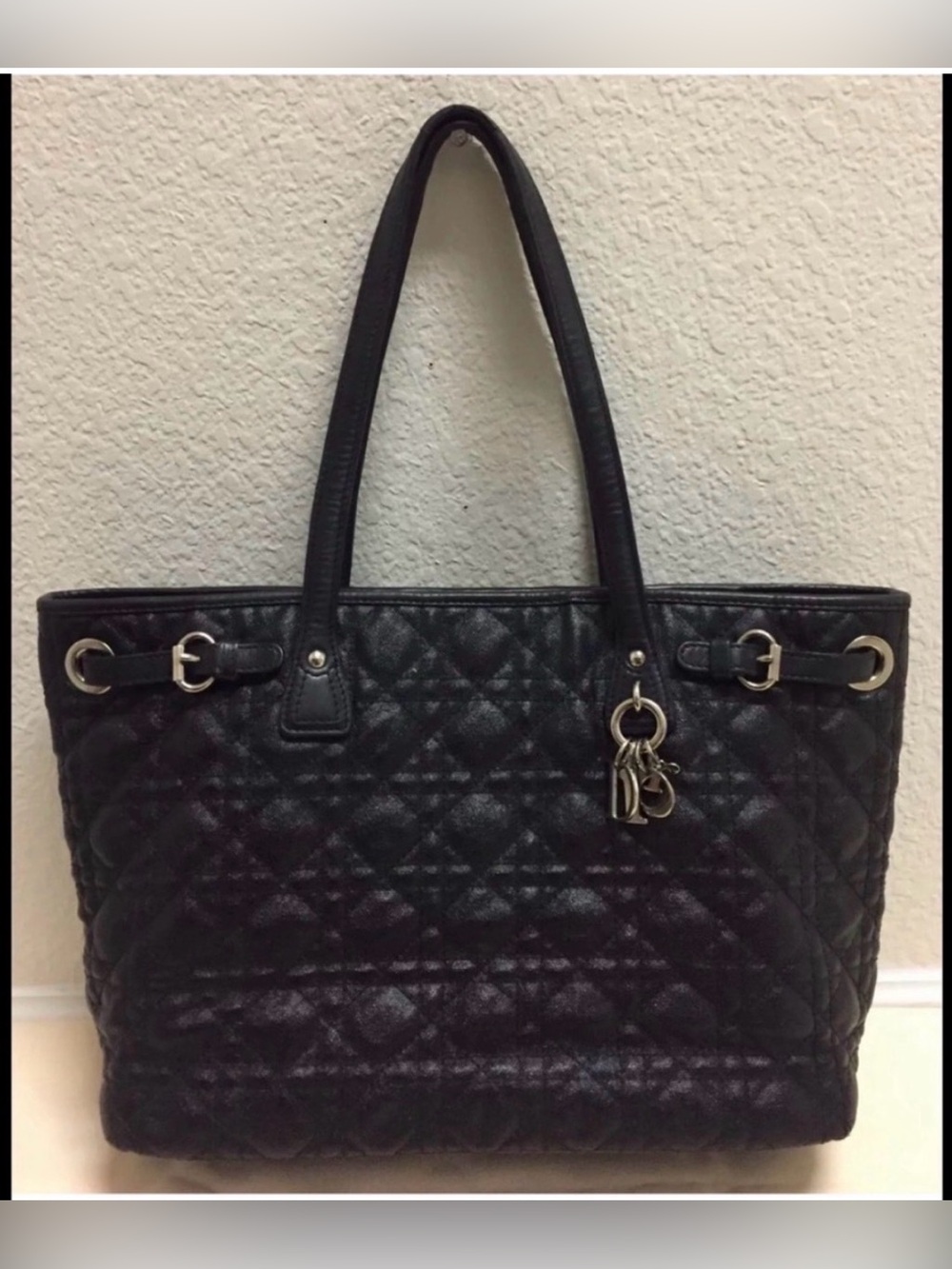 Authentic Dior Black Quilted Leather Tote with Silver Hardware